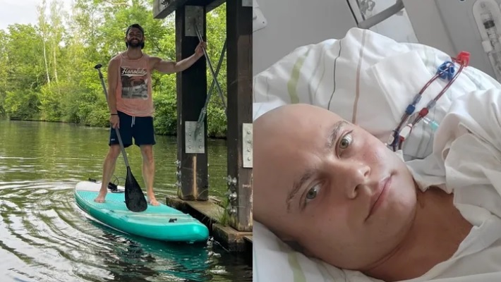 Krebs Ein junger Mann mit Bart steht auf der linken Seite auf einem Paddelboot. Rechts liegt er schwer erkrankt im Krankenhaus.