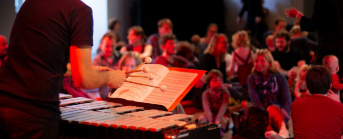 Das Foto zeigt einen Dirigenten bei der Arbeit mit einem Orchester.