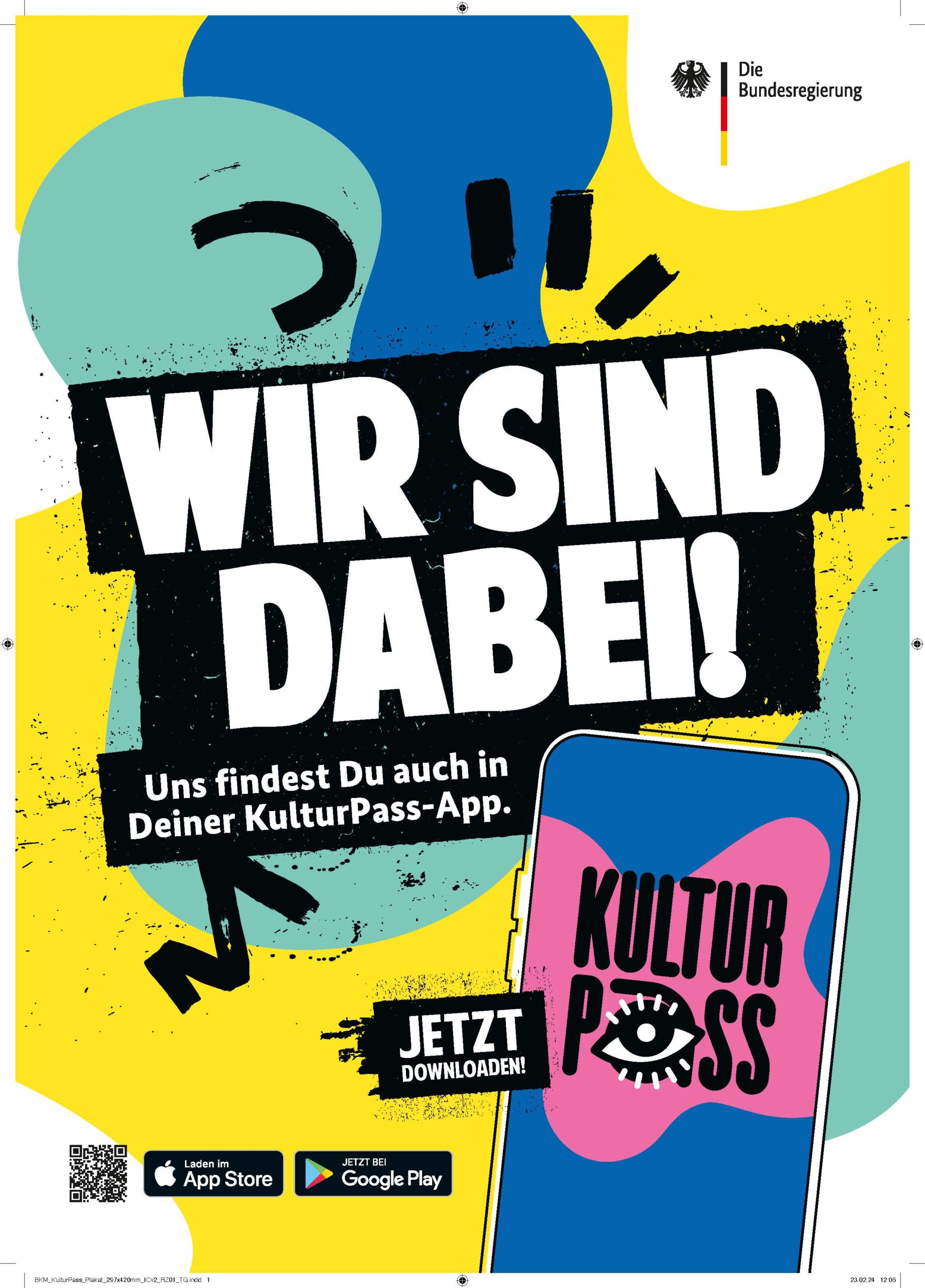 Die Grafik zeigt ein Handy mit der Kulturpass-App und den Schriftzug "Wir sind dabei!".