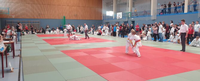 Das Foto zeigt eine Sporthalle, in der Kinder Judo-Kämpfe austragen.