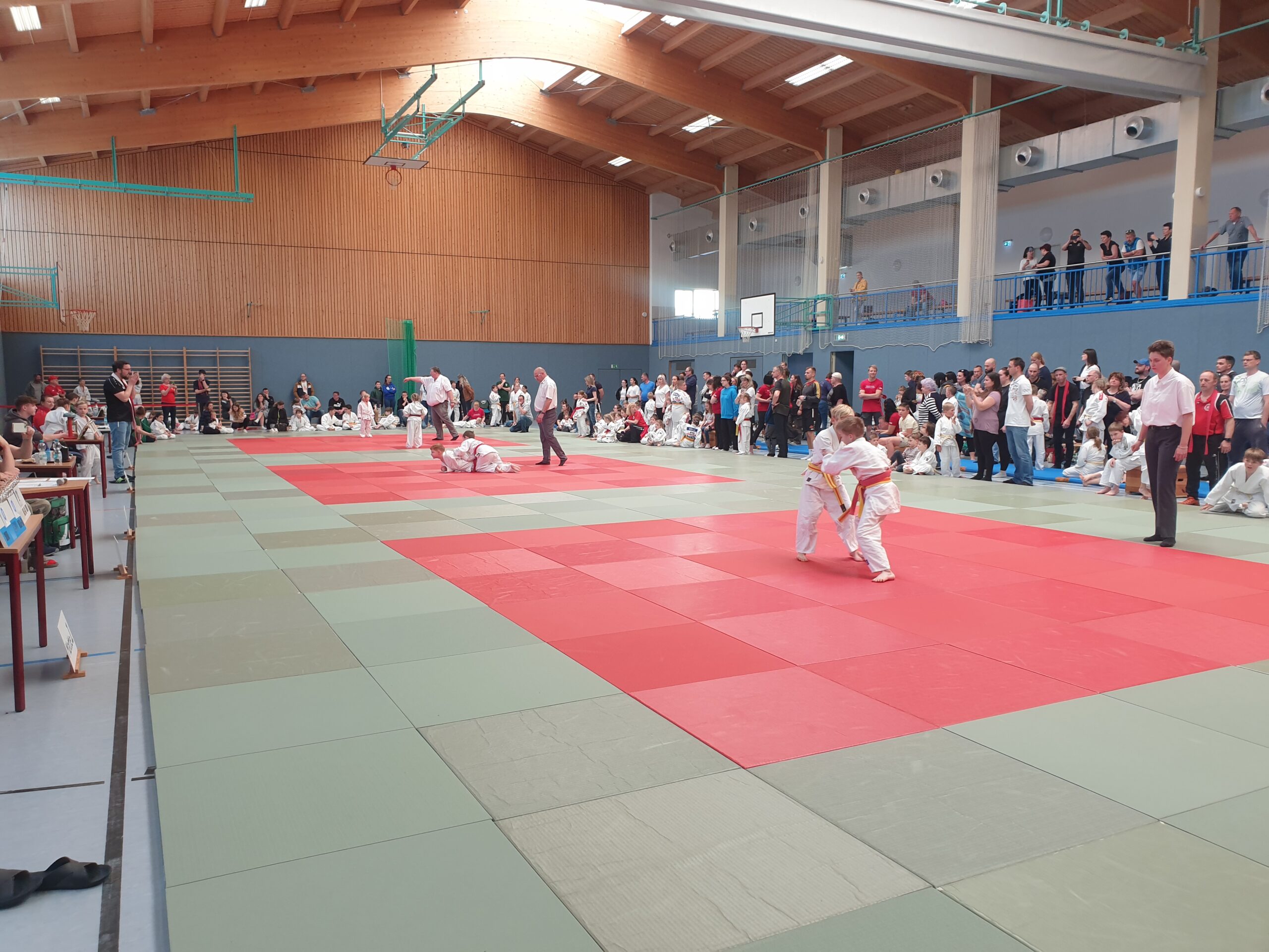 Das Foto zeigt eine Sporthalle, in der Kinder Judo-Kämpfe austragen.