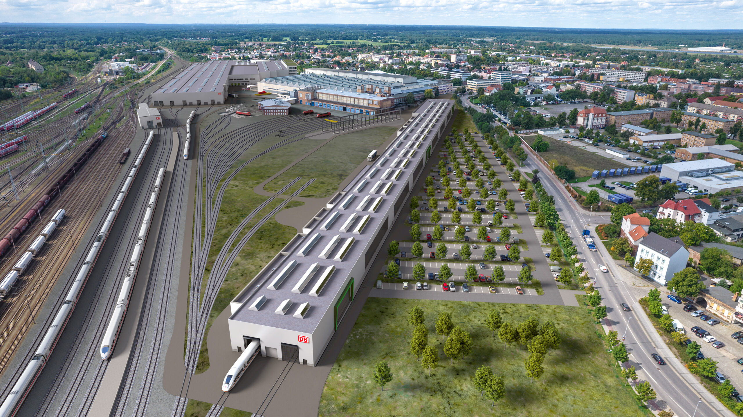 Neues-Bahnwerk-Cottbus Das neue Cottbuser Bahnwerk ist von oben zu sehen
