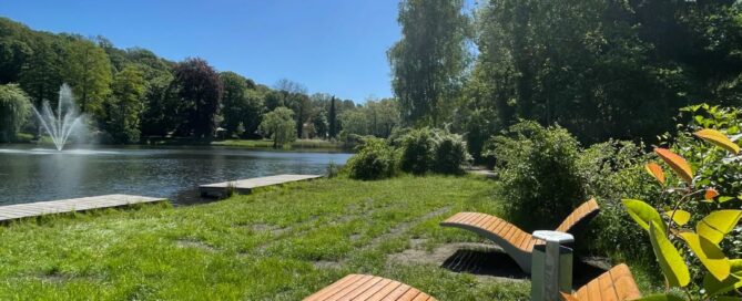 Das Foto zeigt mehrere Holzliegen am Ufer des Schwanenteichs in Spremberg. Eine Fontäne sprudelt.