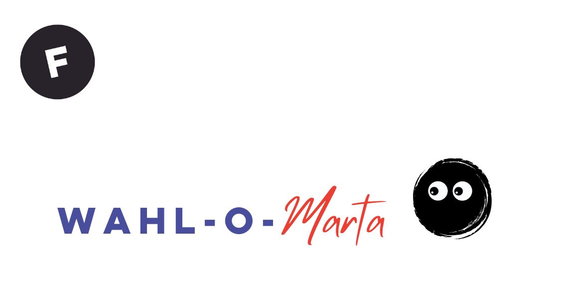 wahl-o-marta Der Schriftzug "Wahl-O-Marta" mit einem Kulleraugen-Gesicht und einem F im Kreis.