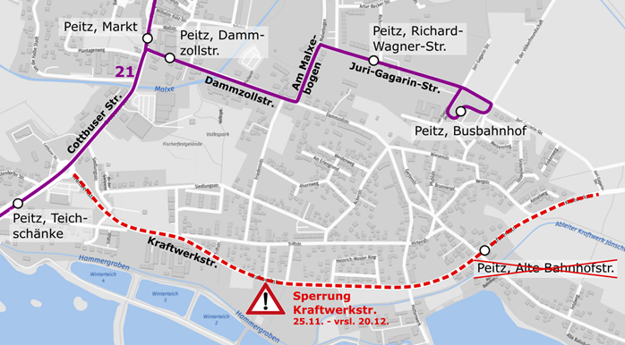 221124_PM_Sperrung Kraftwerkstraße Peitz Eine Karte von Peitz, bei der die Sperrung der Kraftwerkstraße dargestellt wird.
