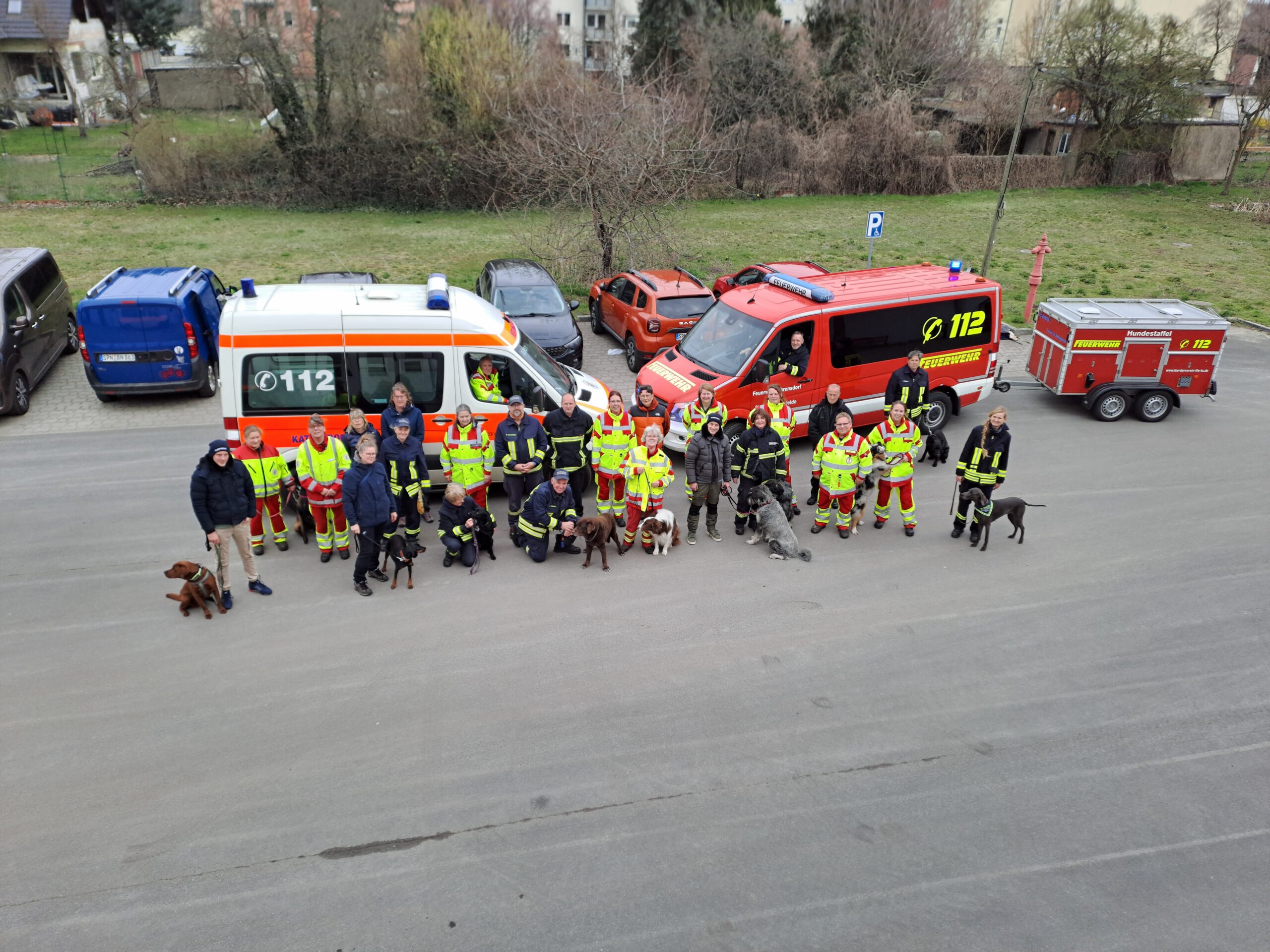 Hunde Gruppe von MEnschen mit vier Hunden. Rettungswagen im Hintergrund