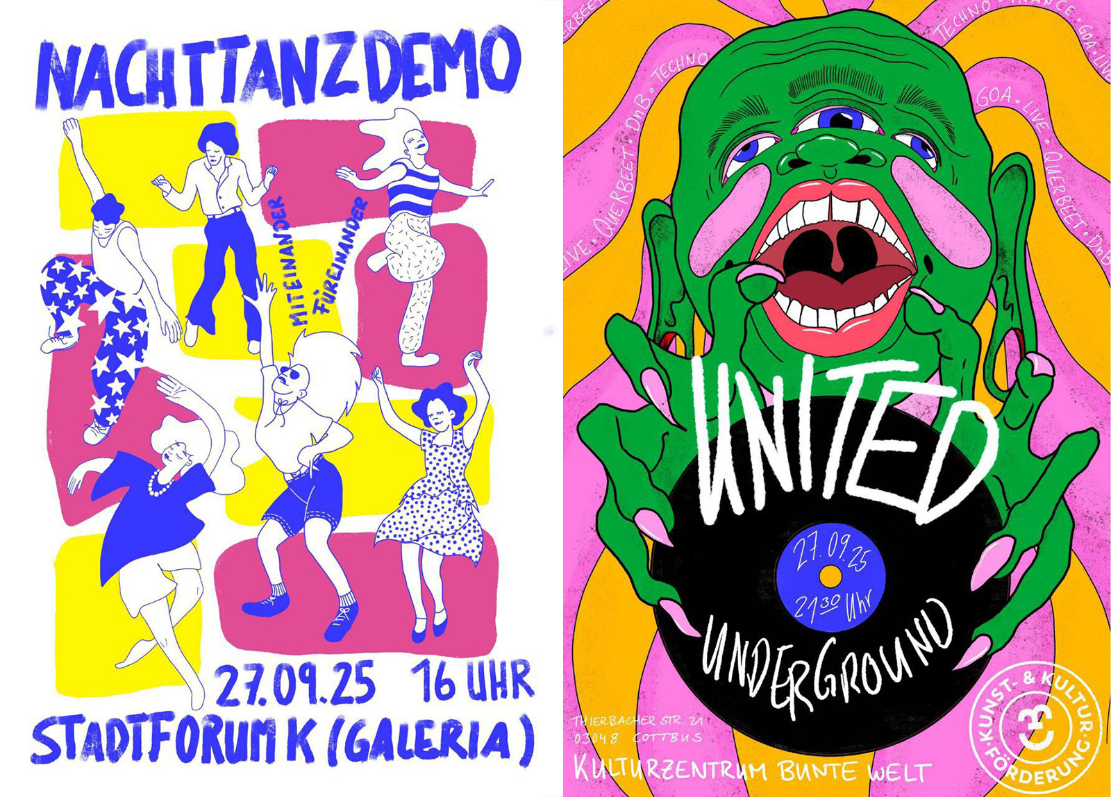 nachttanzdemo_quer Zwei Grafiken, die auf die Nachttanzdemo Cottbus und die Aftershowparty verweisen.