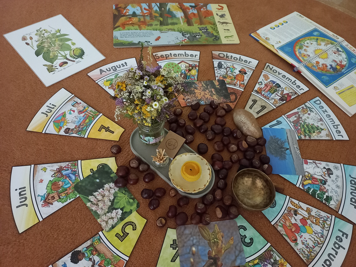 Das Foto zeigt Blätter und Naturmaterialien beim Morgenkreis Jahreszeiten an der Schule.