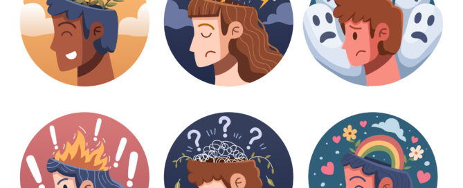 Cartoon-Grafiken symbolisieren psychische Erkrankungen wie z.B. Depressionen.