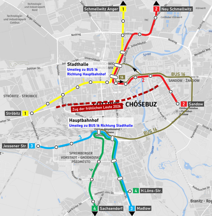 Liniennetz, wo die Fahrten während des Karnevalsumzugs in Cottbus abgebildet sind