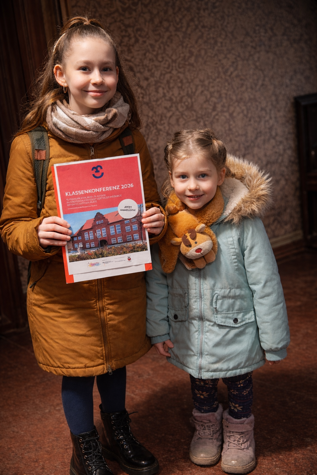 Das Foto zeigt die Schülerinnen Martha und Rosa auf der Klassenkonferenz.