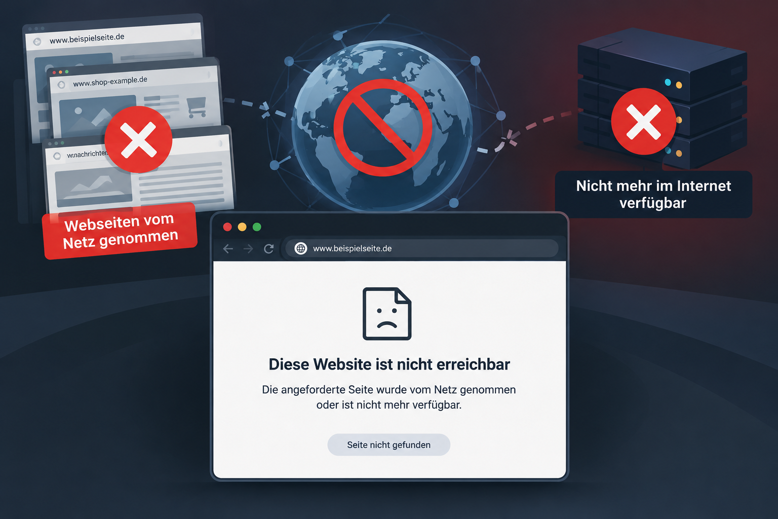 Webseiten vom Netz genommen Das Bild zeigt eine Collage von Webseiten die offline sind